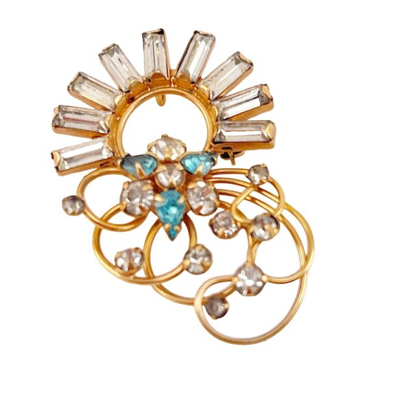 M & S Vintage 12K Gold Filled Blue Rhinestone Ornate Floral Blue Brooch - Picture 1 of 9